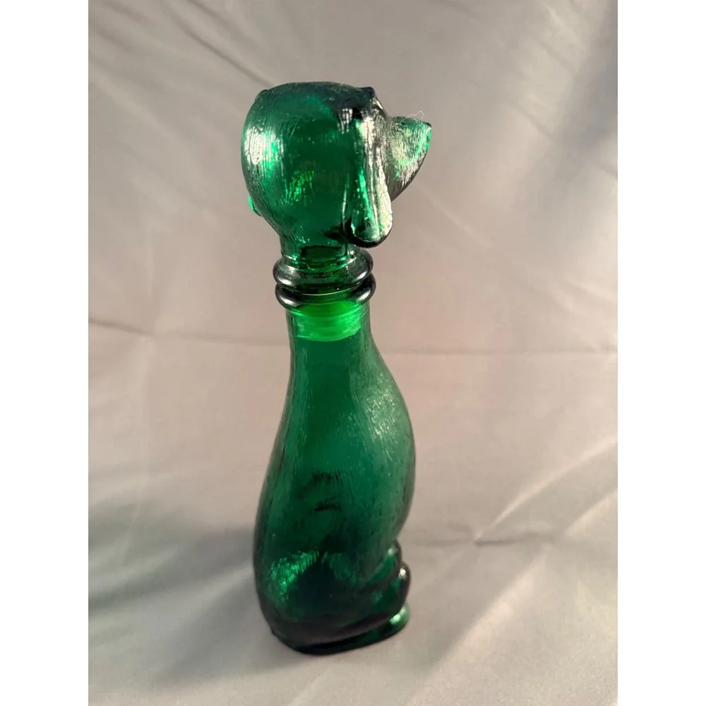 Vintage Emerald Green Glass Dachshund Dog Decanter Figural Bottle Textured 9.5in